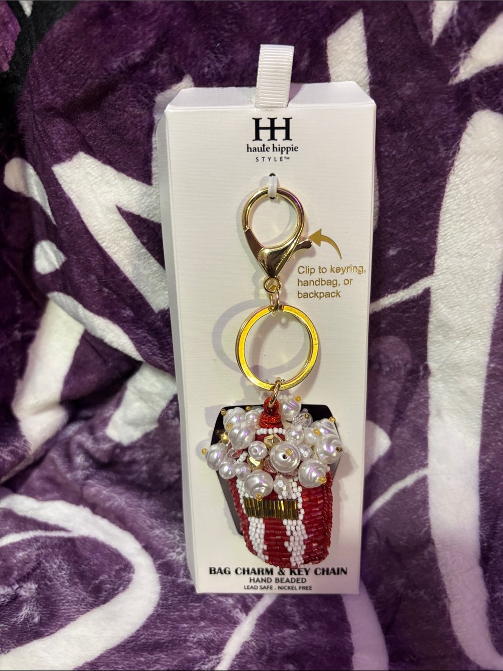 Haute Hippie Red Popcorn Beaded Pearl Bag Charm & Key Chain~NEW
